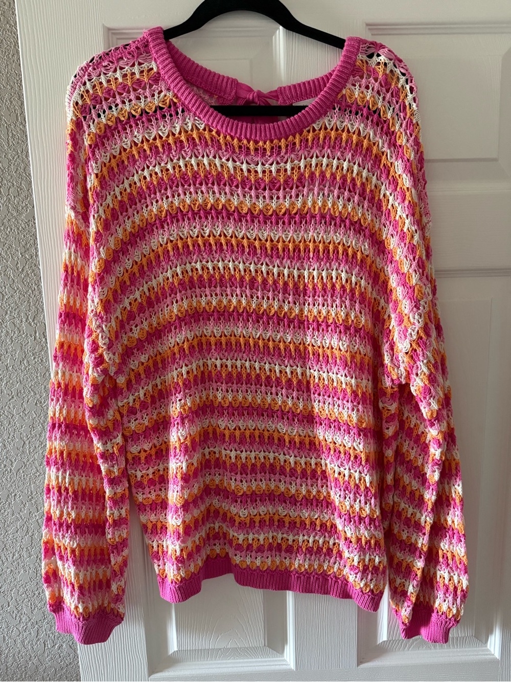 Women’s Pink Multicolor Open-Knit Sweater